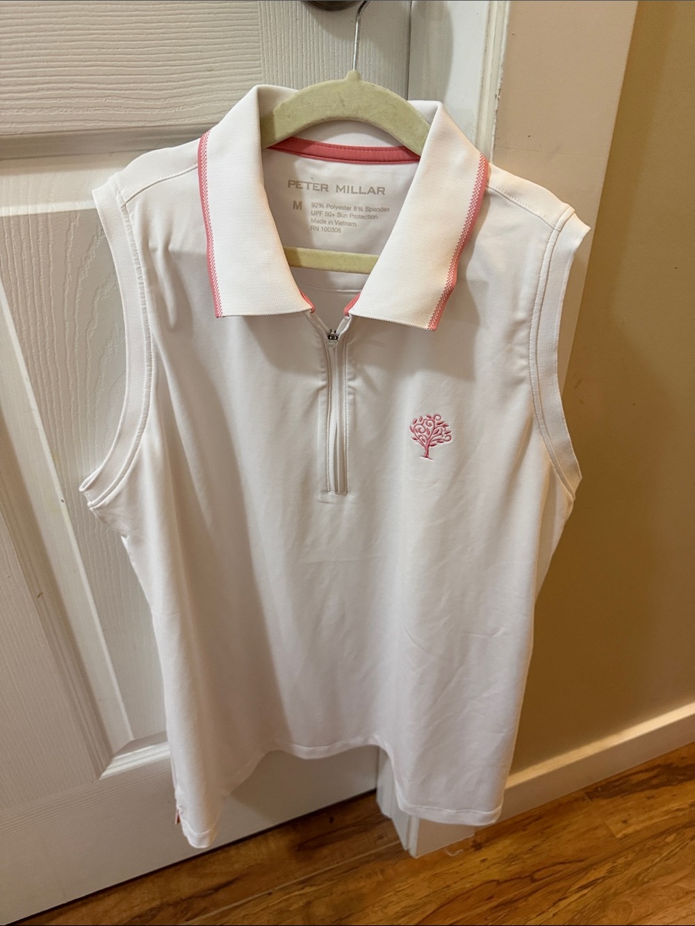 Peter Millar White Sleeveless Polo with Pink Trim